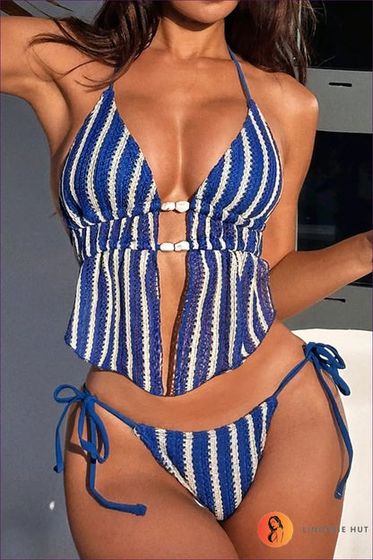Blue Striped Cutout Bikini Set with Tie Sides - Marina Days - s / Beachwear • Boho • just in • Polyester • Sexy