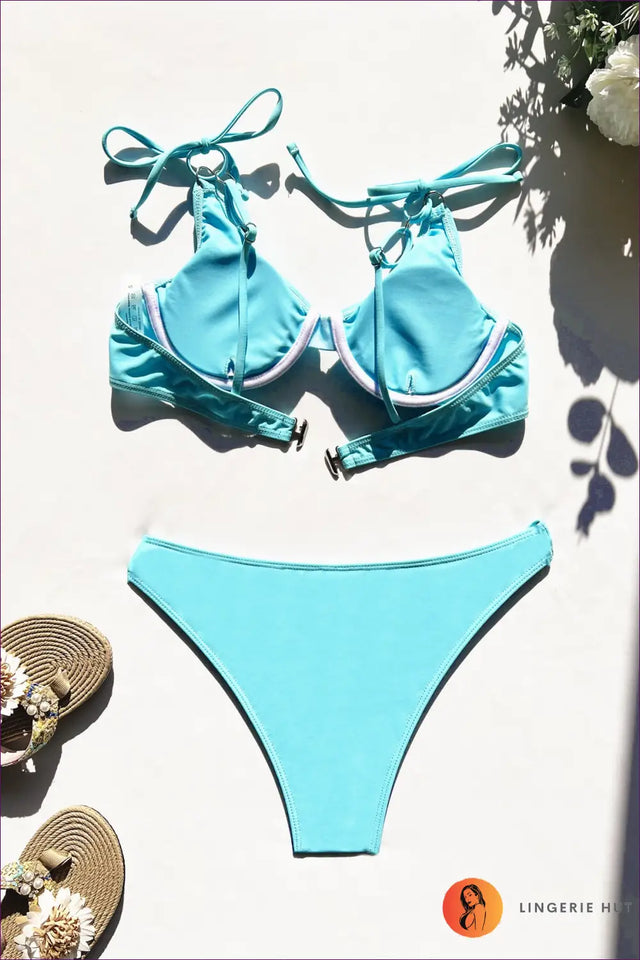 Blue Underwire Tie-Strap Bikini with Ring Detail - Sun-Soaked Ease