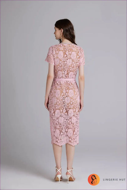 Blush Elegance Lace Midi Dress - Romantic Floral Cutout for Bodycon, Cutout, Date Night, Dress, Glamour