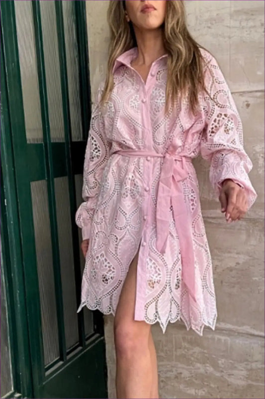 Blush Pink Eyelet Lace Shirt Dress - Elegant Romantic Style for a Line, Dress, Everyday, Glamour, Midi