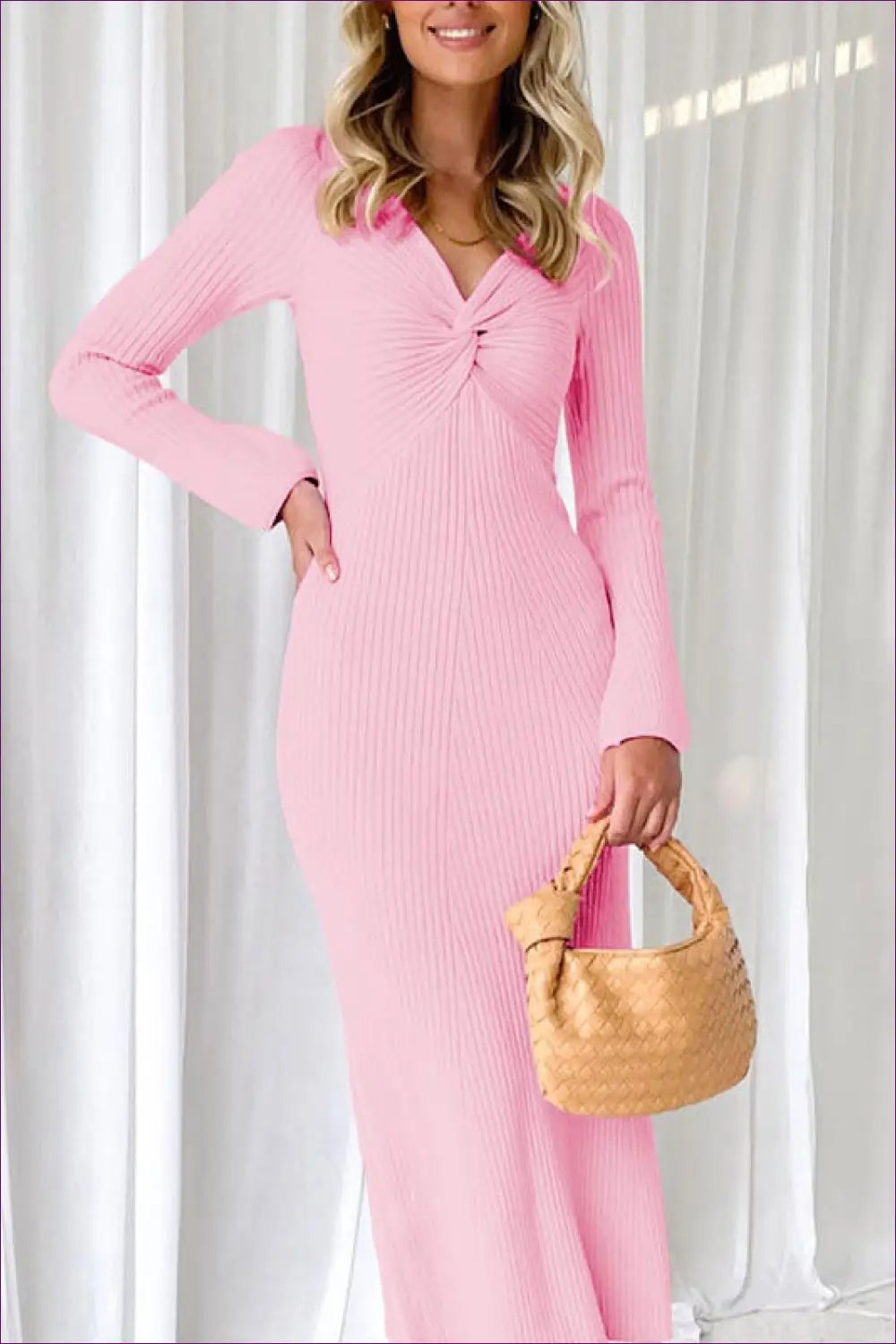 Blush Pink Ribbed Twist-front Maxi Dress - Elegant Comfort for Bodycon, Casual, Date Night, Dress, Everyday