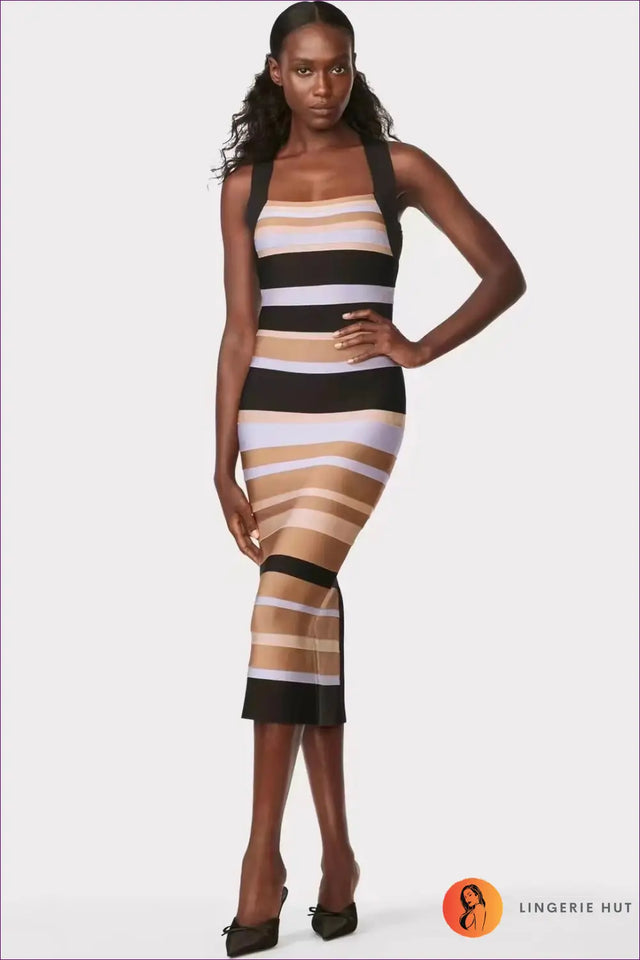 Bodycon Dress with Colourblock Stripes