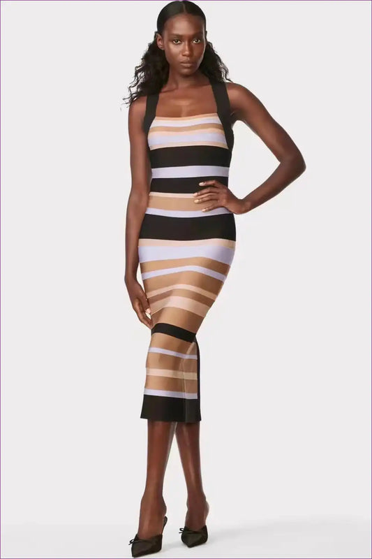 Bodycon Dress with Colourblock Stripes - Confident Party Mood for Backless, Bodycon, Clubwear, Cutout, Date
