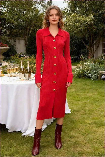 Bodycon Midi Dress with Gold Buttons - Understated Glamour - Dresses - All Season • Button Front • Casual • Evening