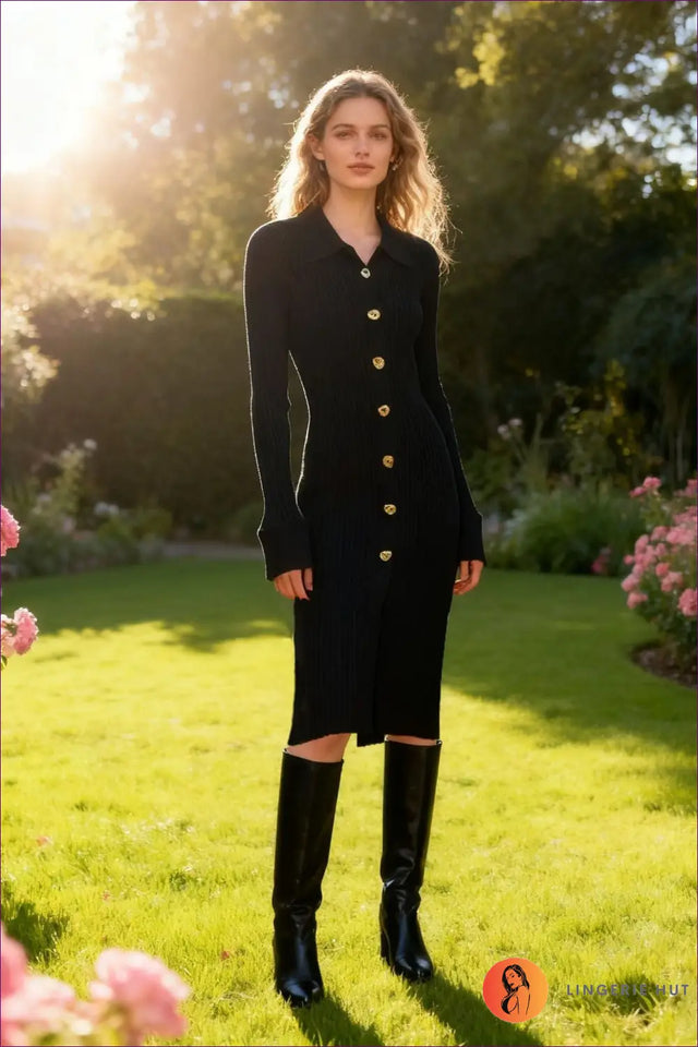 Bodycon Midi Dress with Gold Buttons - Understated Glamour
