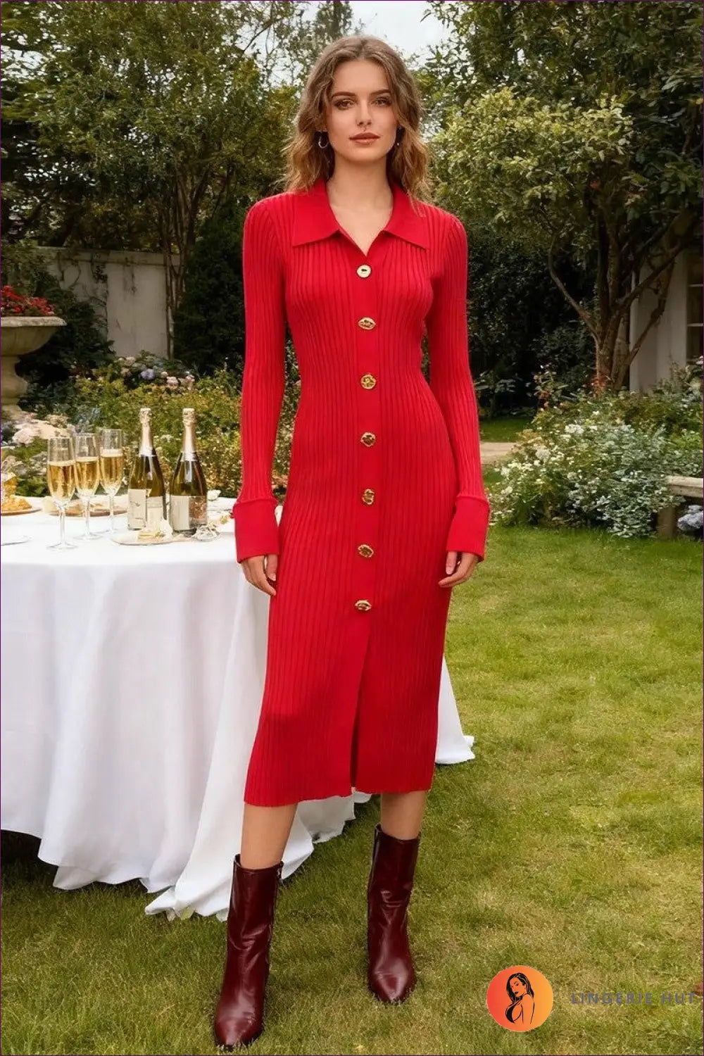 Bodycon Midi Dress with Gold Buttons - Understated Glamour - s / Red - Dresses - All Season • Button Front • Casual