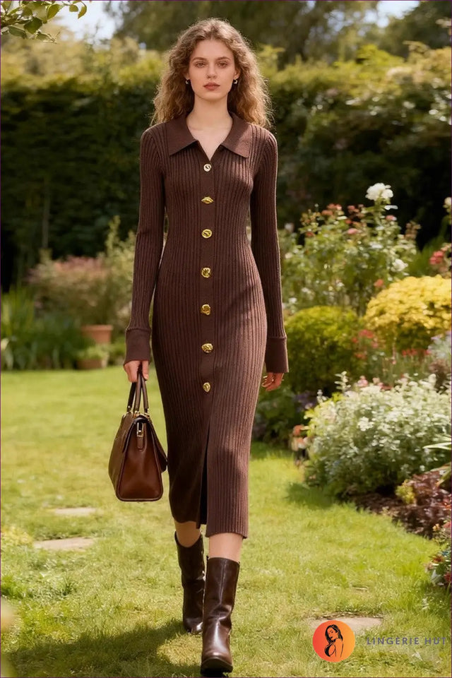 Bodycon Midi Dress with Gold Buttons - Understated Glamour