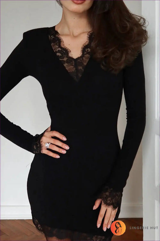 Bodycon Dress with Lace V-neck - Effortless Parisian Evenings for Autumn, Bodycon, Clubwear, Date Night,