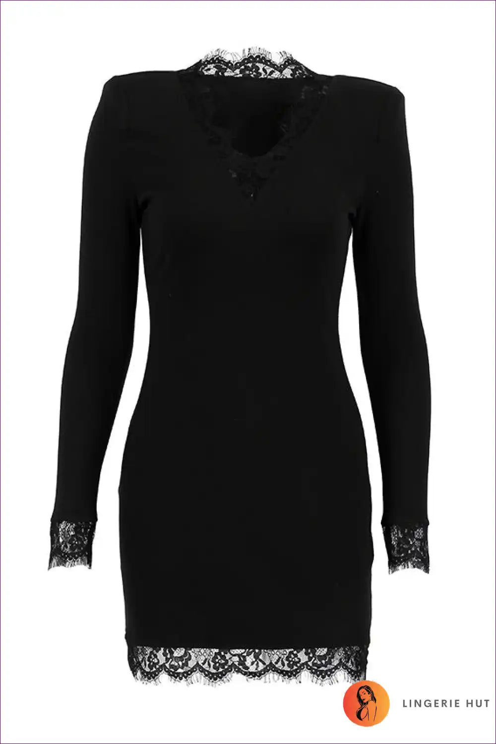 Bodycon Dress with Lace V-neck - Effortless Parisian Evenings for Autumn, Bodycon, Clubwear, Date Night,