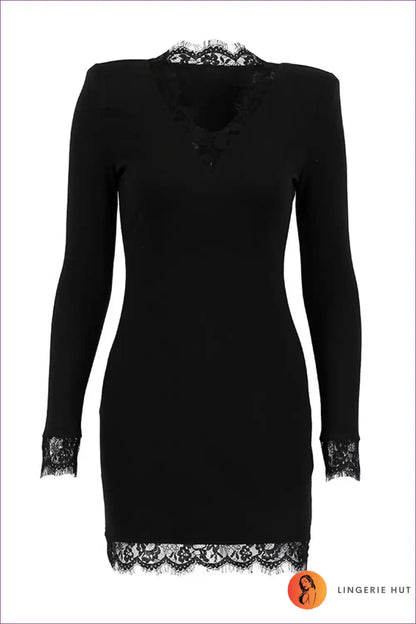 Bodycon Dress with Lace V-neck - Effortless Parisian Evenings for Autumn, Bodycon, Clubwear, Date Night,