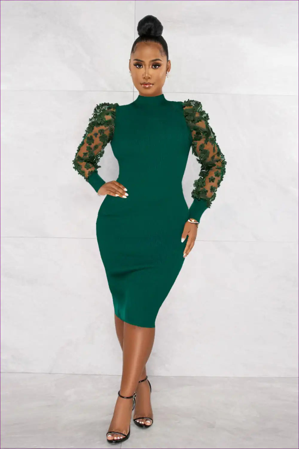 Bodycon Dress with Mesh Floral Sleeves - Evening Glam for Autumn, Bodycon, Dresses, Evening Wear,