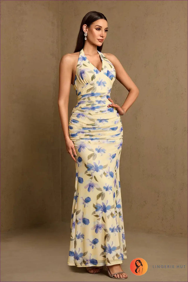 Bodycon Dress with Ruched Waist - Tropical Ease
