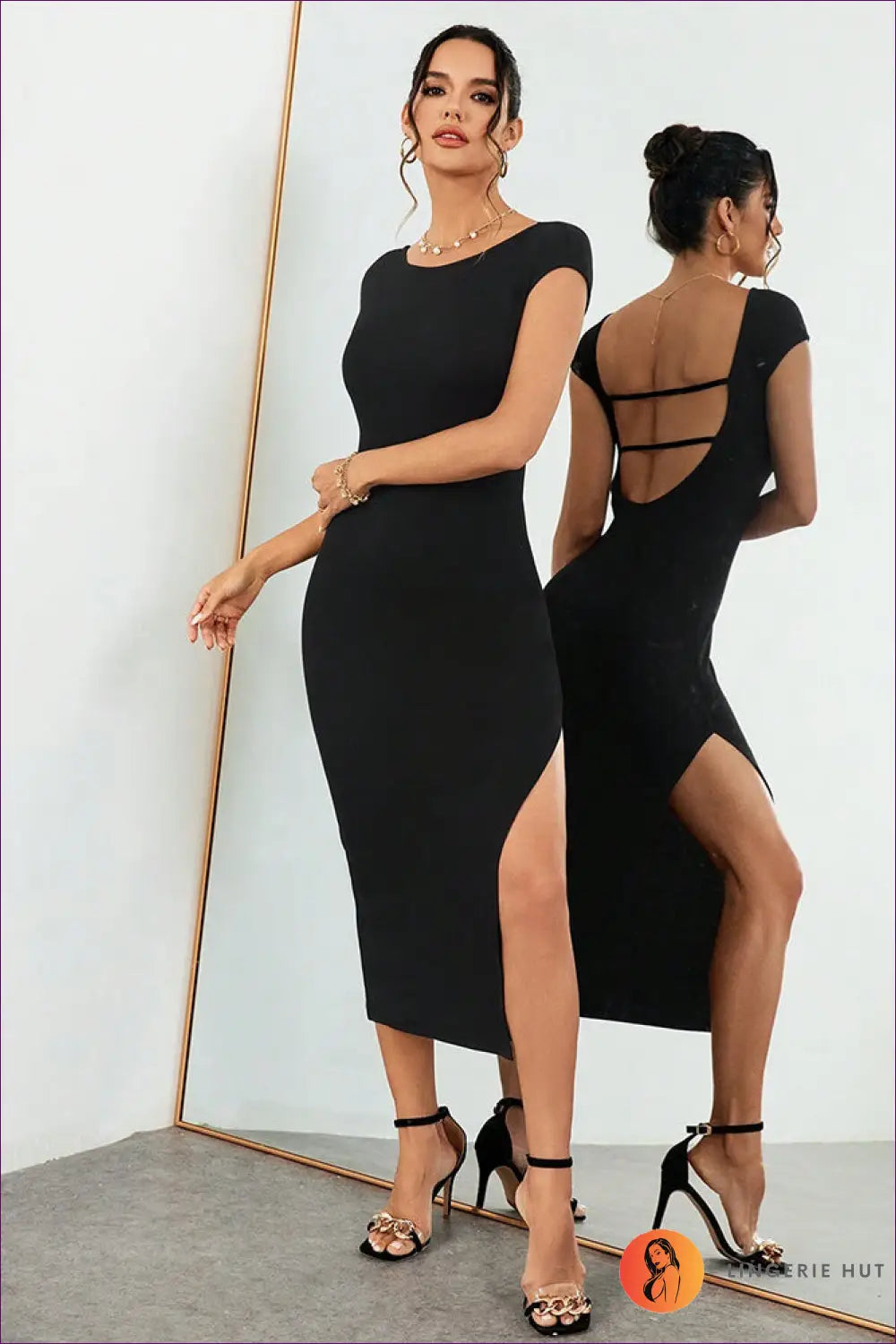 Bodycon Midi Dress with Cap Sleeves - Understated Glamour - Dresses - Lingerie Hut - Backless • Evening Wear • Formal