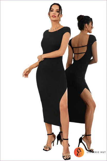 Bodycon Midi Dress with Cap Sleeves - Understated Glamour - s / Black - Dresses - Lingerie Hut - Backless • Evening