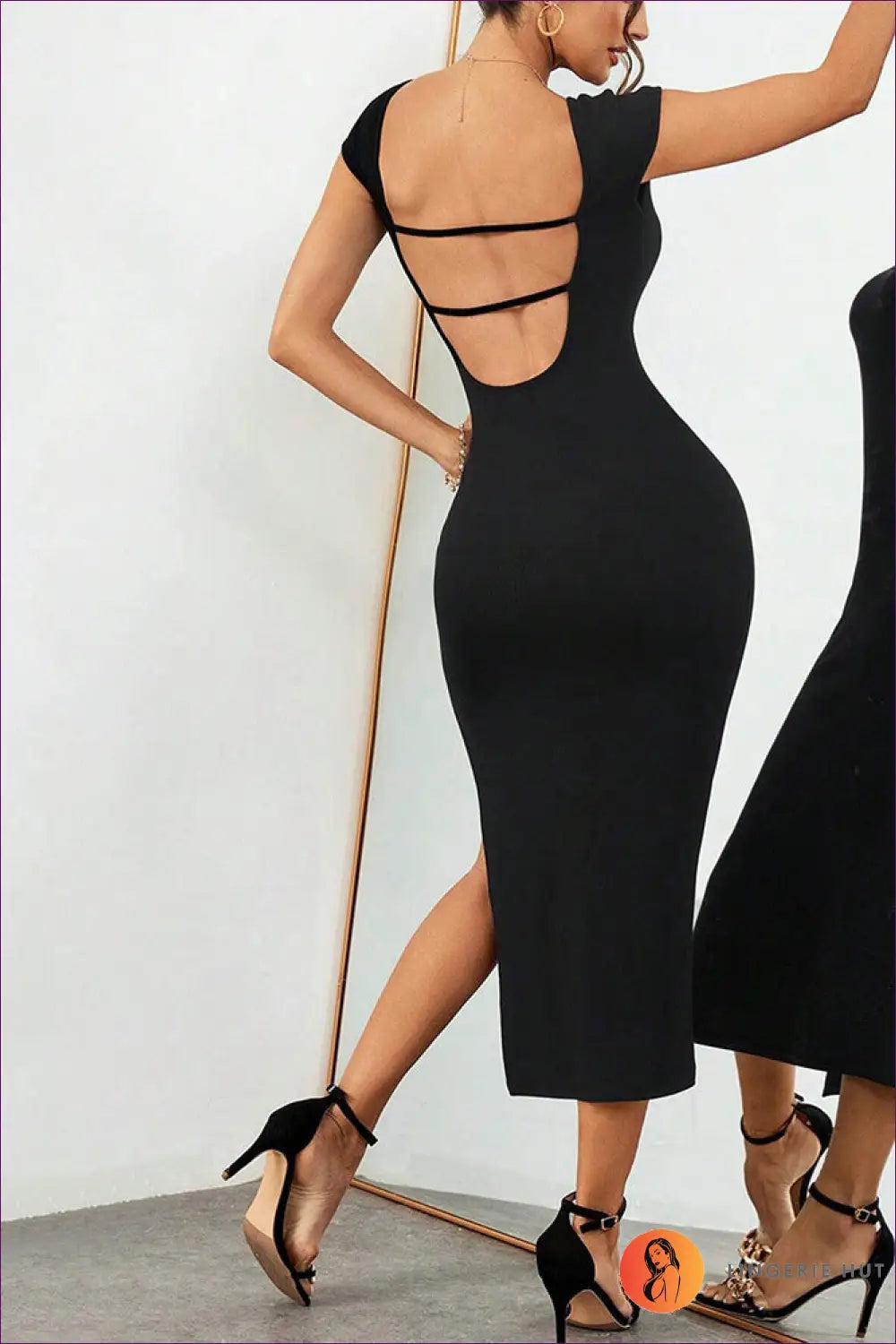 Bodycon Midi Dress with Cap Sleeves - Understated Glamour - Dresses - Lingerie Hut - Backless • Evening Wear • Formal