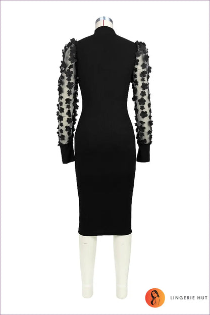 Bodycon Midi Dress with Mesh Floral Sleeves - Understated Glamour - Dresses - Autumn • Bodycon Midi Dress • Evening