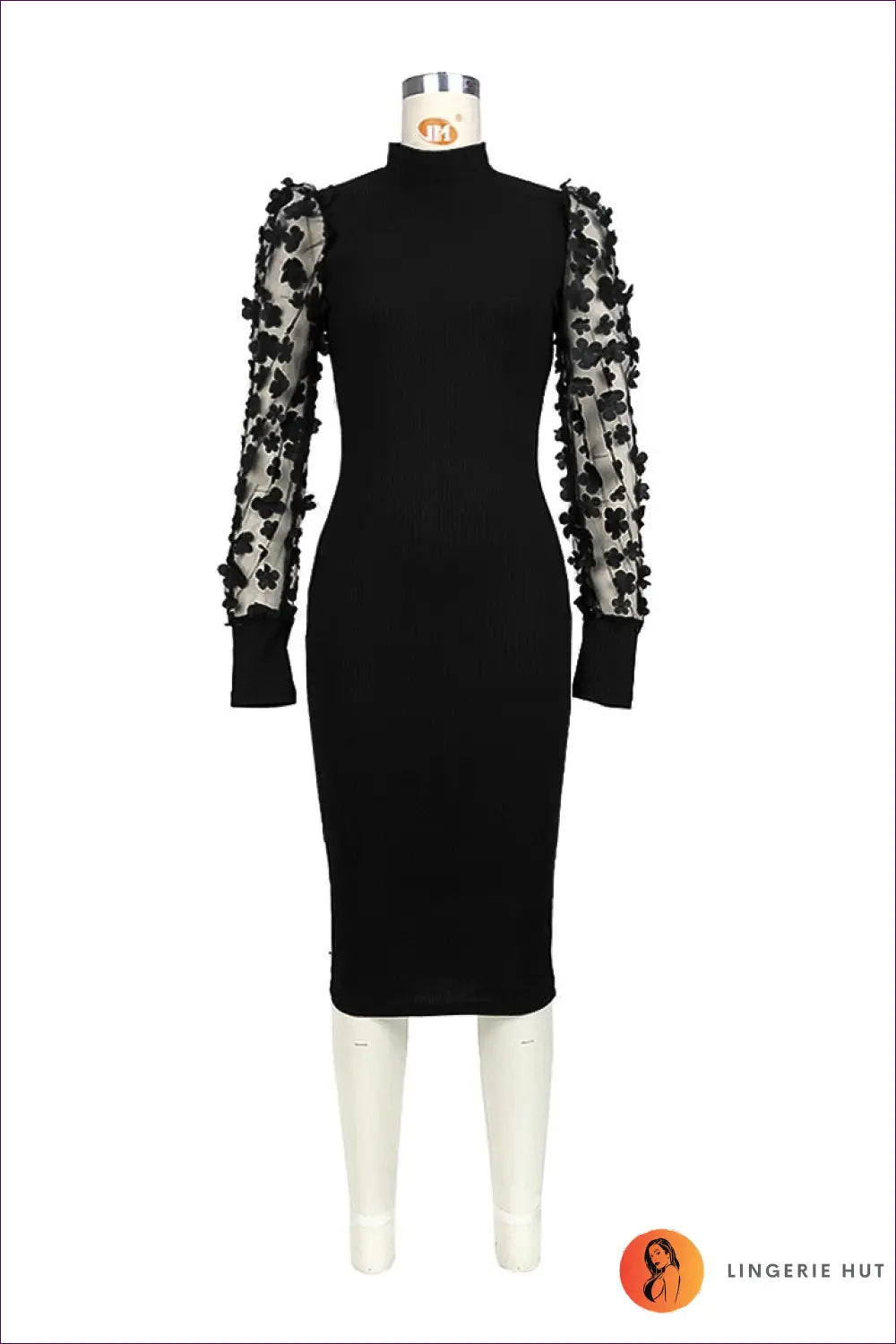 Bodycon Midi Dress with Mesh Floral Sleeves - Understated Glamour - Dresses - Autumn • Bodycon Midi Dress • Evening