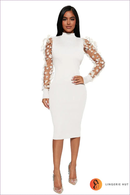 Bodycon Midi Dress with Mesh Floral Sleeves - Understated Glamour - s / White - Dresses - Autumn • Bodycon Midi Dress