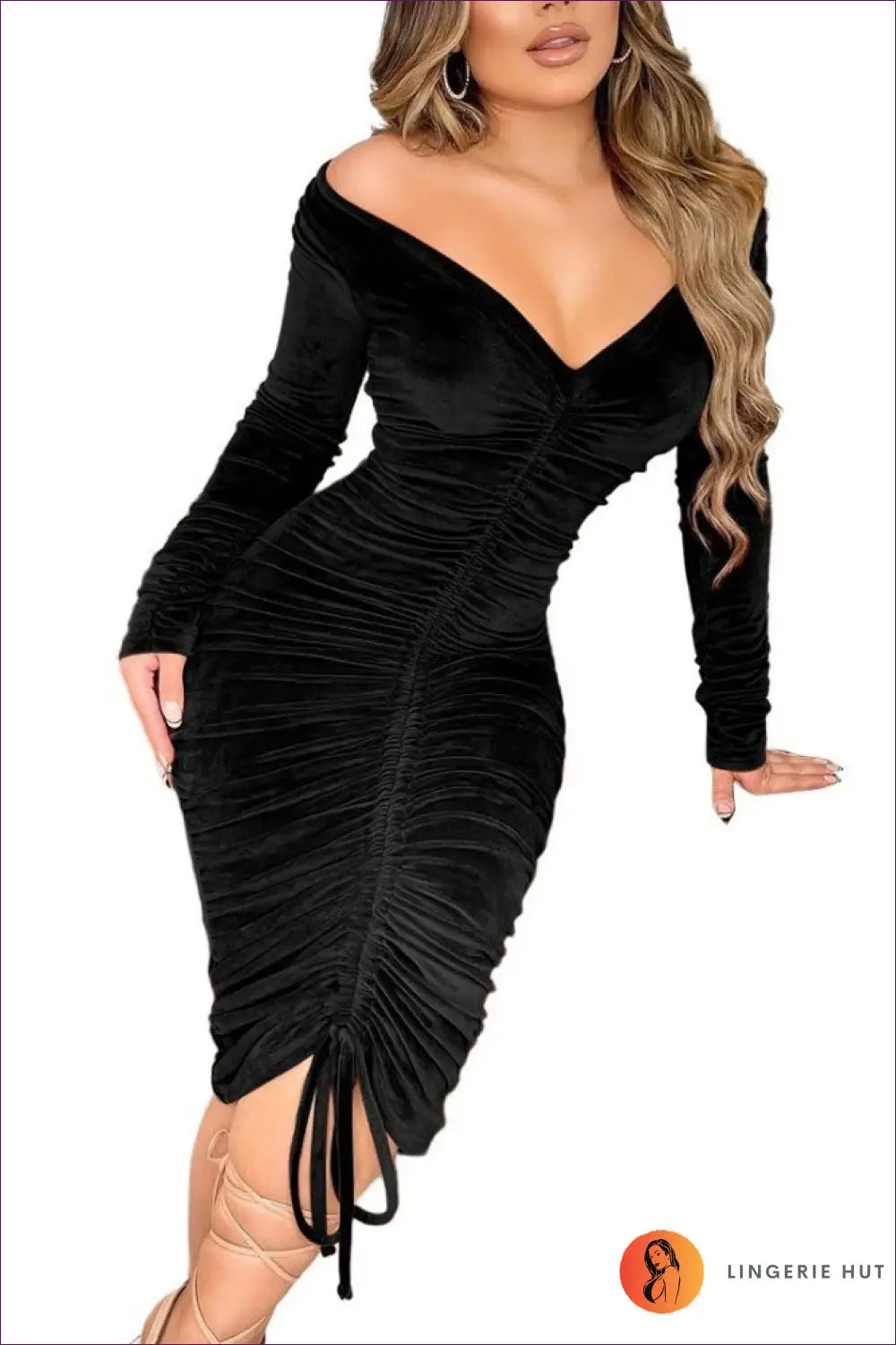 Bodycon Midi Dress with Ruched Tie - Evening Glamour Sorted - s / Black - Dresses - Lingerie Hut - Autumn • Date Night