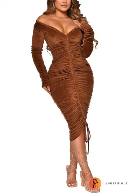 Bodycon Midi Dress with Ruched Tie - Evening Glamour Sorted - s / Dark Brown - Dresses - Lingerie Hut - Autumn • Date