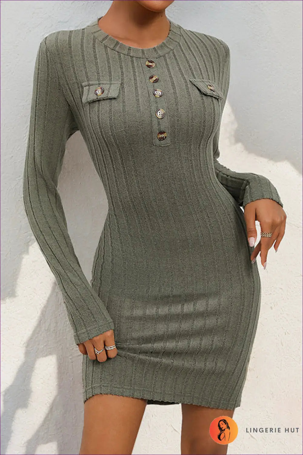 Bodycon Mini Dress with Ribbed Texture - Effortless Autumn Edit - s / Green - Dresses - All Season • Autumn • Button