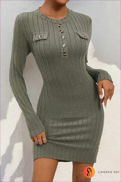 Bodycon Mini Dress with Ribbed Texture - Effortless Autumn Edit - s / Green - Dresses - All Season • Autumn • Button