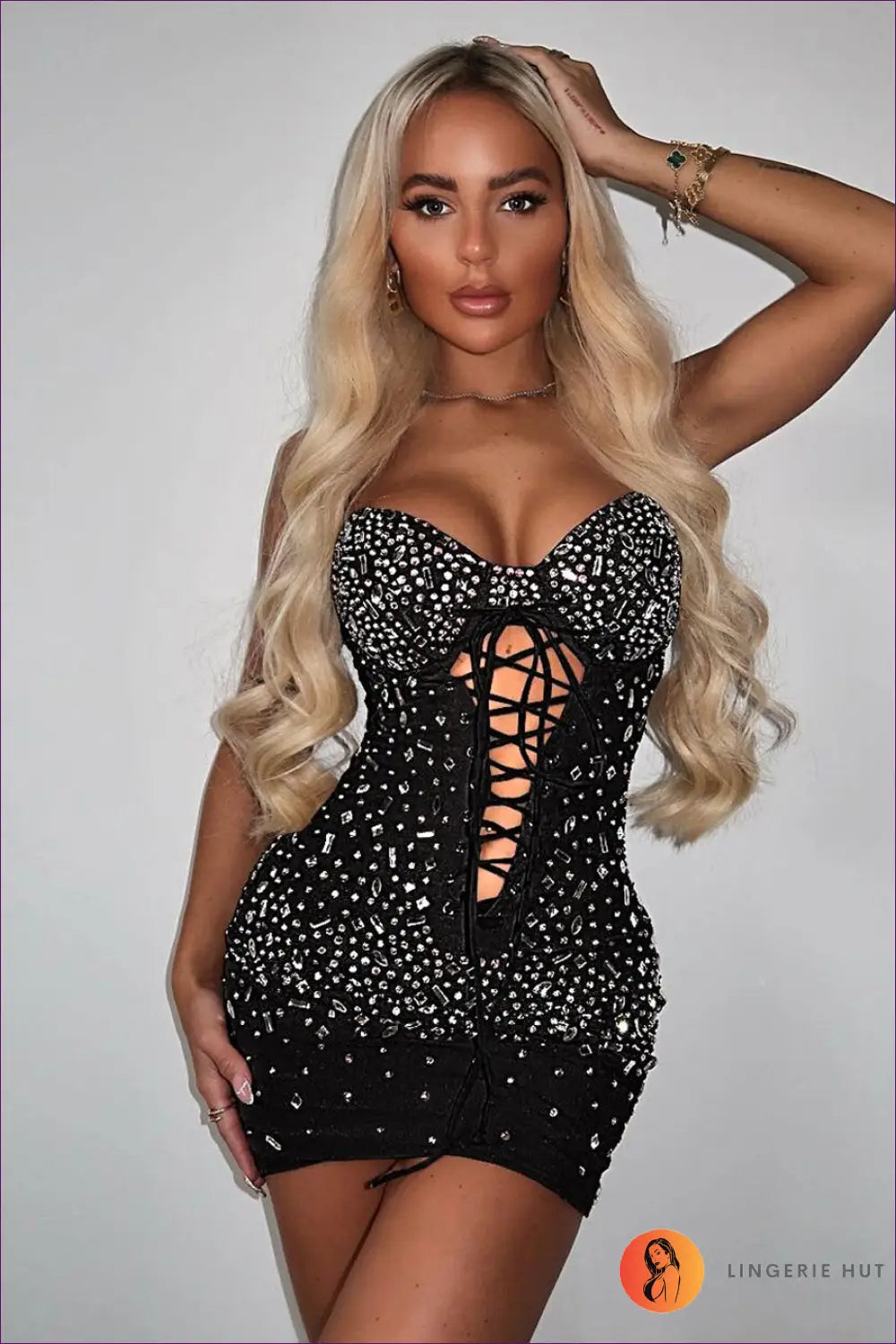 Bodycon Rhinestone Mini Dress - All Eyes on you - Dresses - Lingerie Hut - Clubwear • Cutout • Date Night