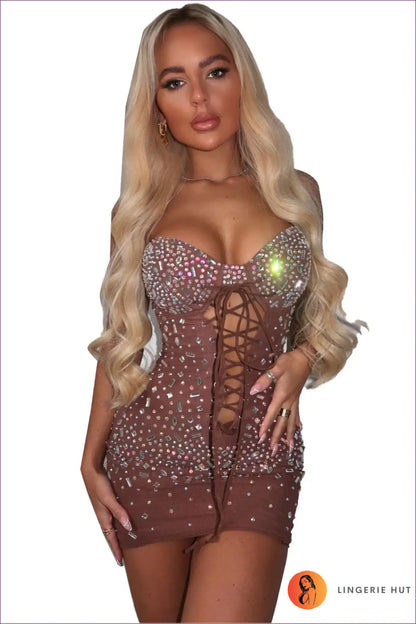 Bodycon Rhinestone Mini Dress - All Eyes on you - s / Brown - Dresses - Lingerie Hut - Clubwear • Cutout • Date Night