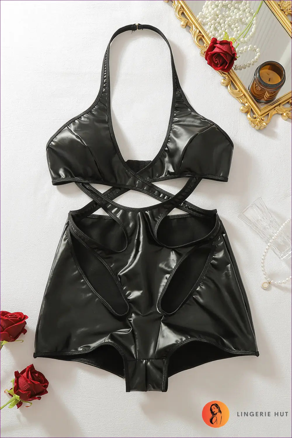 Black Faux Leather Bodysuit with Crisscross Straps - Bold and Daring - s / Teddies & Bodysuits - Boudoir • Date Night