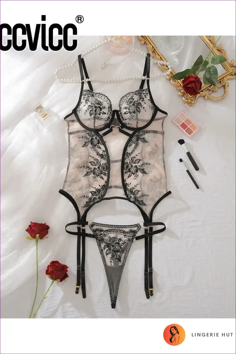 Bodysuit with Embroidered Floral Lace - Transparent Romantic Lingerie for Bodysuit, Boudoir, Date Night,