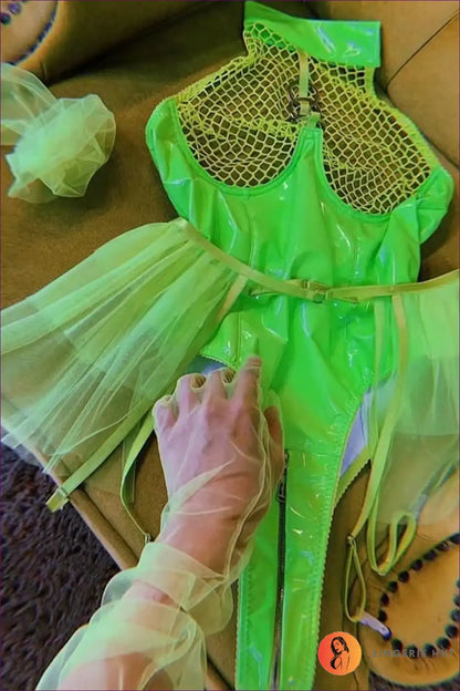 Bodysuit with Fishnet Halter and Tulle Skirt - Statement Nights for Bodysuit, Clubwear, Evening Wear,