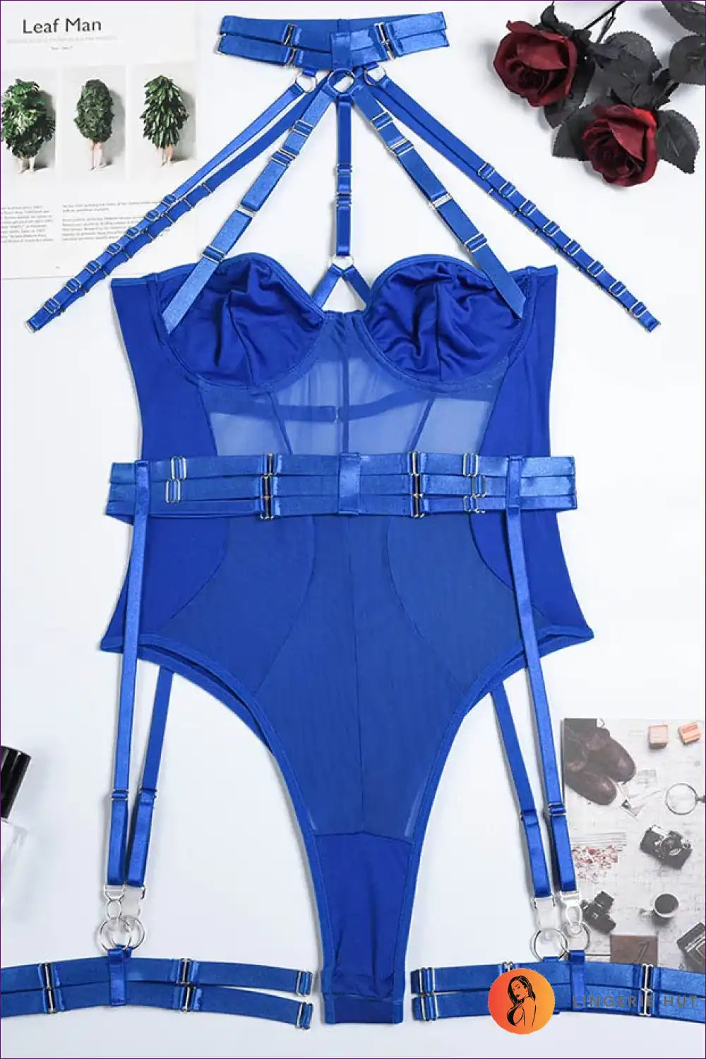 Bodysuit with Halter Harness & Sheer Mesh - Statement Confidence for Bodysuit, Boudoir, Clubwear, Cutout,