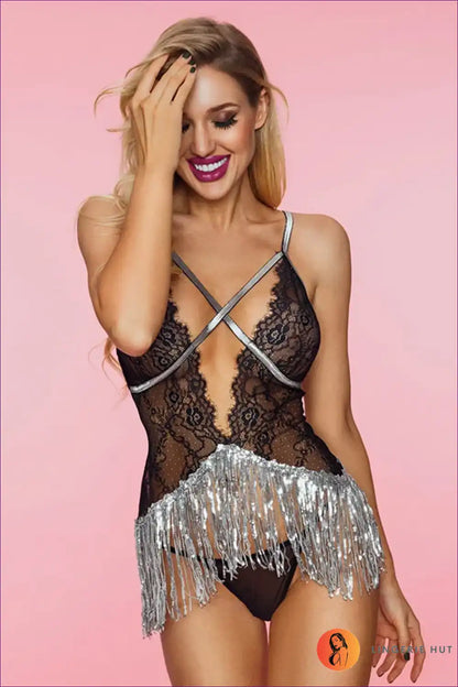 Bodysuit with Lace and Silver Fringe - Festival Ready Glam for Bodysuit, Clubwear, Glamour, just In, Lace