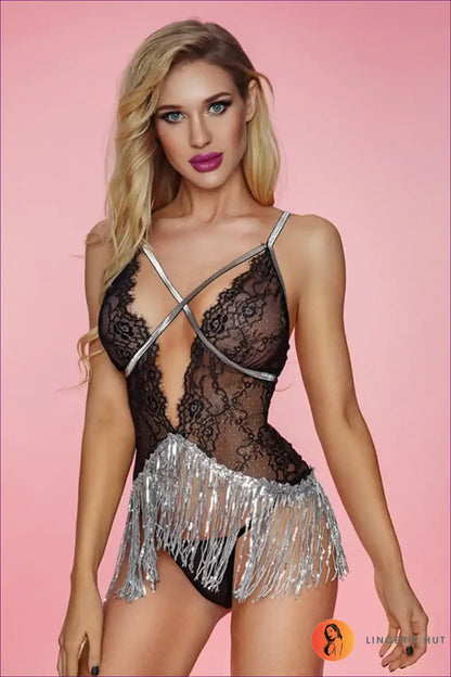 Bodysuit with Lace and Silver Fringe - Festival Ready Glam for Bodysuit, Clubwear, Glamour, just In, Lace