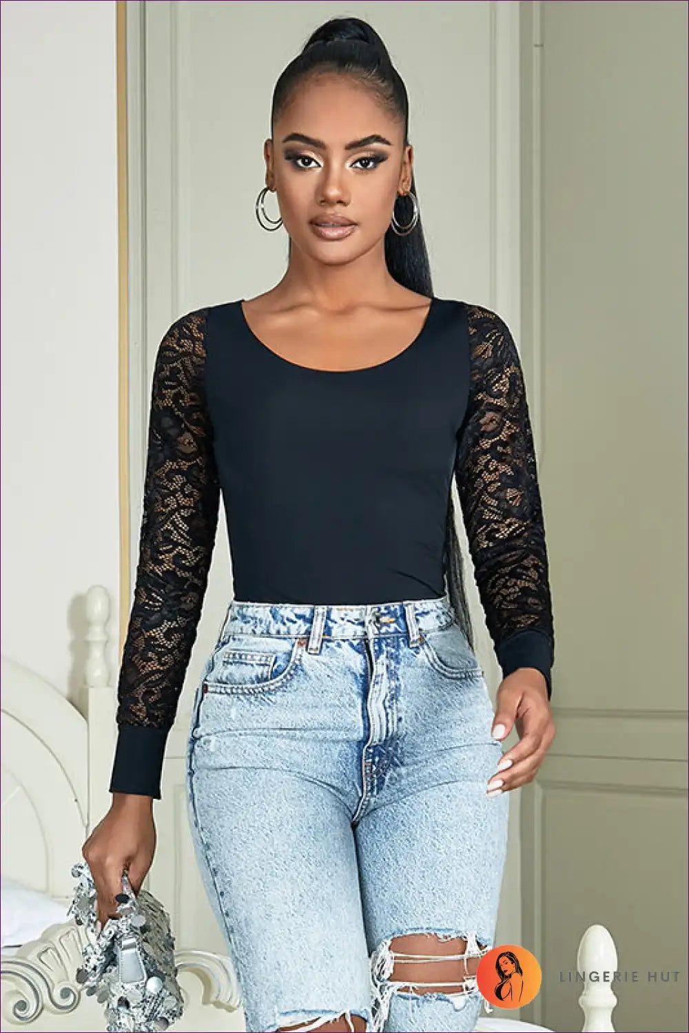 Bodysuit with Lace Sleeves - Effortless Elegance for All Season, Backless, Bodysuit, Evening Wear, Everyday