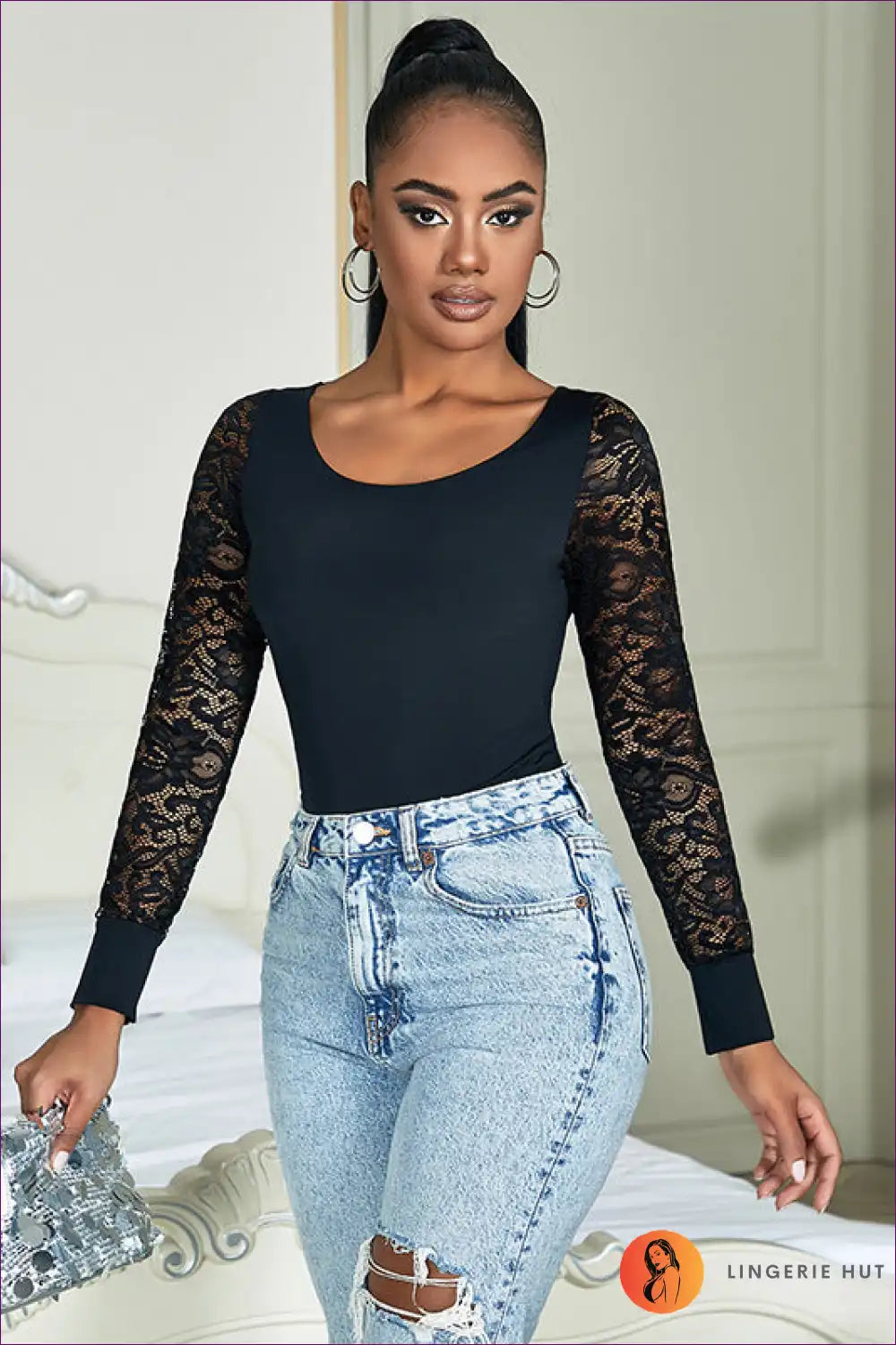Bodysuit with Lace Sleeves - Effortless Elegance for All Season, Backless, Bodysuit, Evening Wear, Everyday