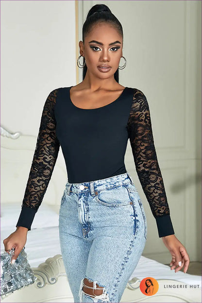 Bodysuit with Lace Sleeves - Effortless Elegance for All Season, Backless, Bodysuit, Evening Wear, Everyday
