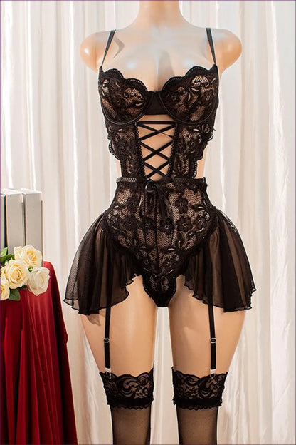 Black and White Costume Set with Ruffle Skirt - Playful Fantasy - Backless • Bodysuit • Cutout • just in • Lace