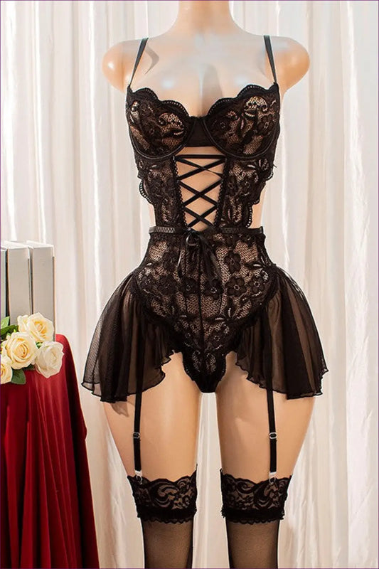 Black and White Costume Set with Ruffle Skirt - Playful Fantasy - Backless • Bodysuit • Cutout • just in • Lace