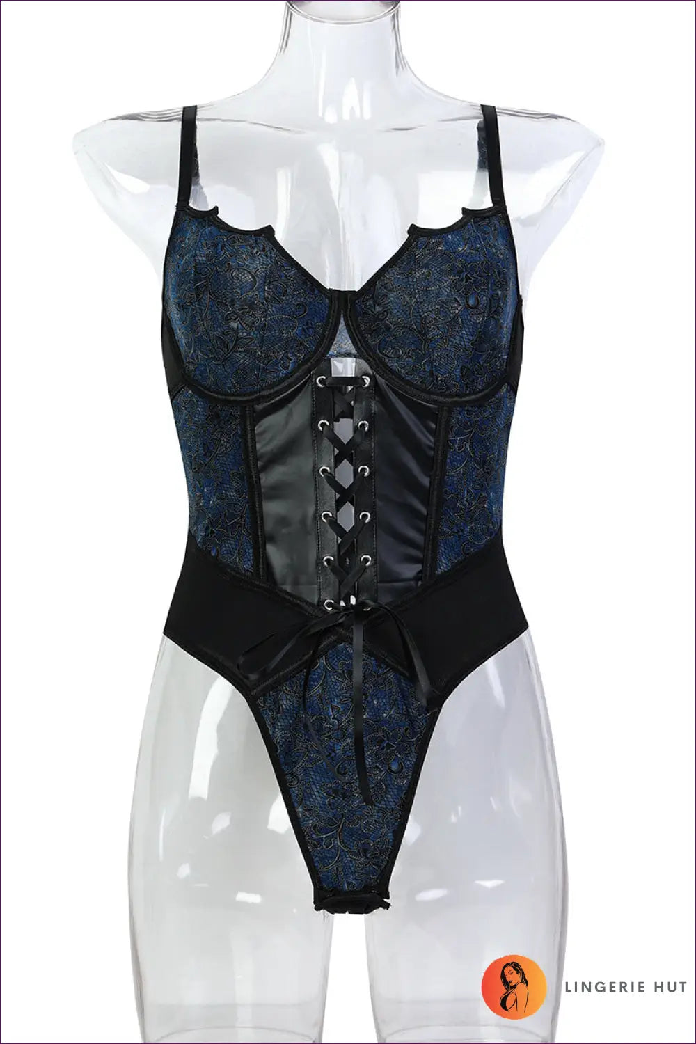 Lace-up Bodysuit with Sweetheart Neckline - Vintage Edge Modern Mood - s / Navy Blue - Lingerie Hut - All Season