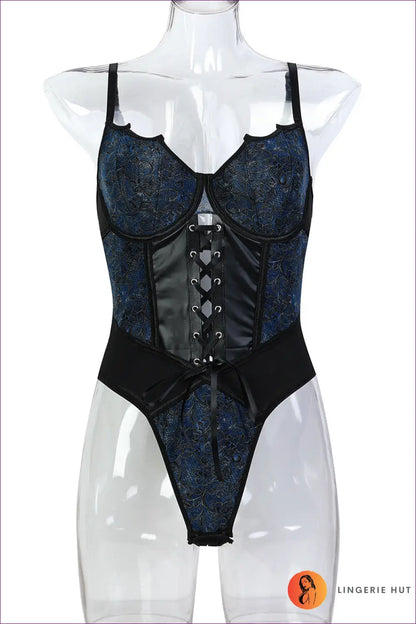 Lace-up Bodysuit with Sweetheart Neckline - Vintage Edge Modern Mood - s / Navy Blue - Lingerie Hut - All Season