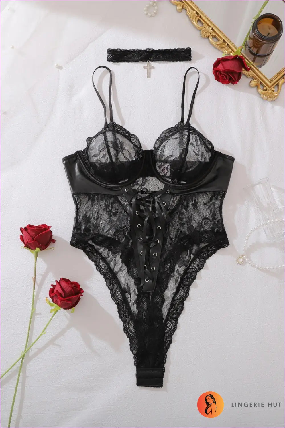 Black Lace Bodysuit with Lace-up Front - After Dark - s / Teddies & Bodysuits - Boudoir • Date Night