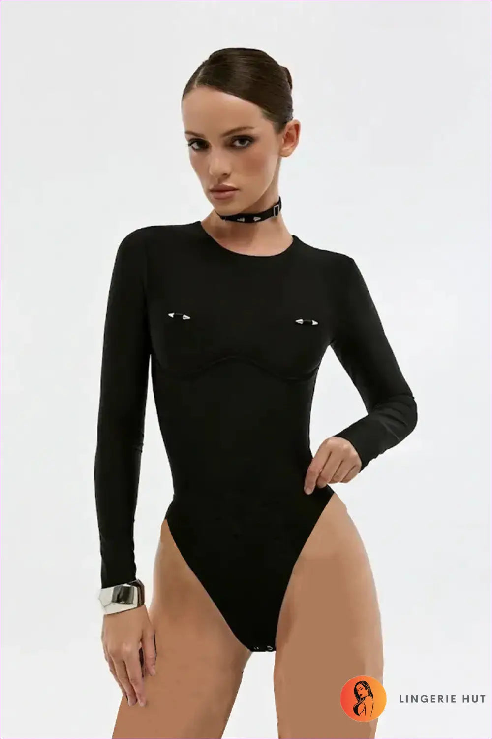 Bodysuit with Long Sleeves - Sleek Sophistication - s / Black - Lingerie Hut - All Season • Cutout • Date Night