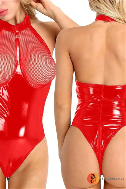 Bodysuit with Mesh and Glossy Finish - Bold Night Energy for Bodysuit, Boudoir, Clubwear, Cutout, Date Night