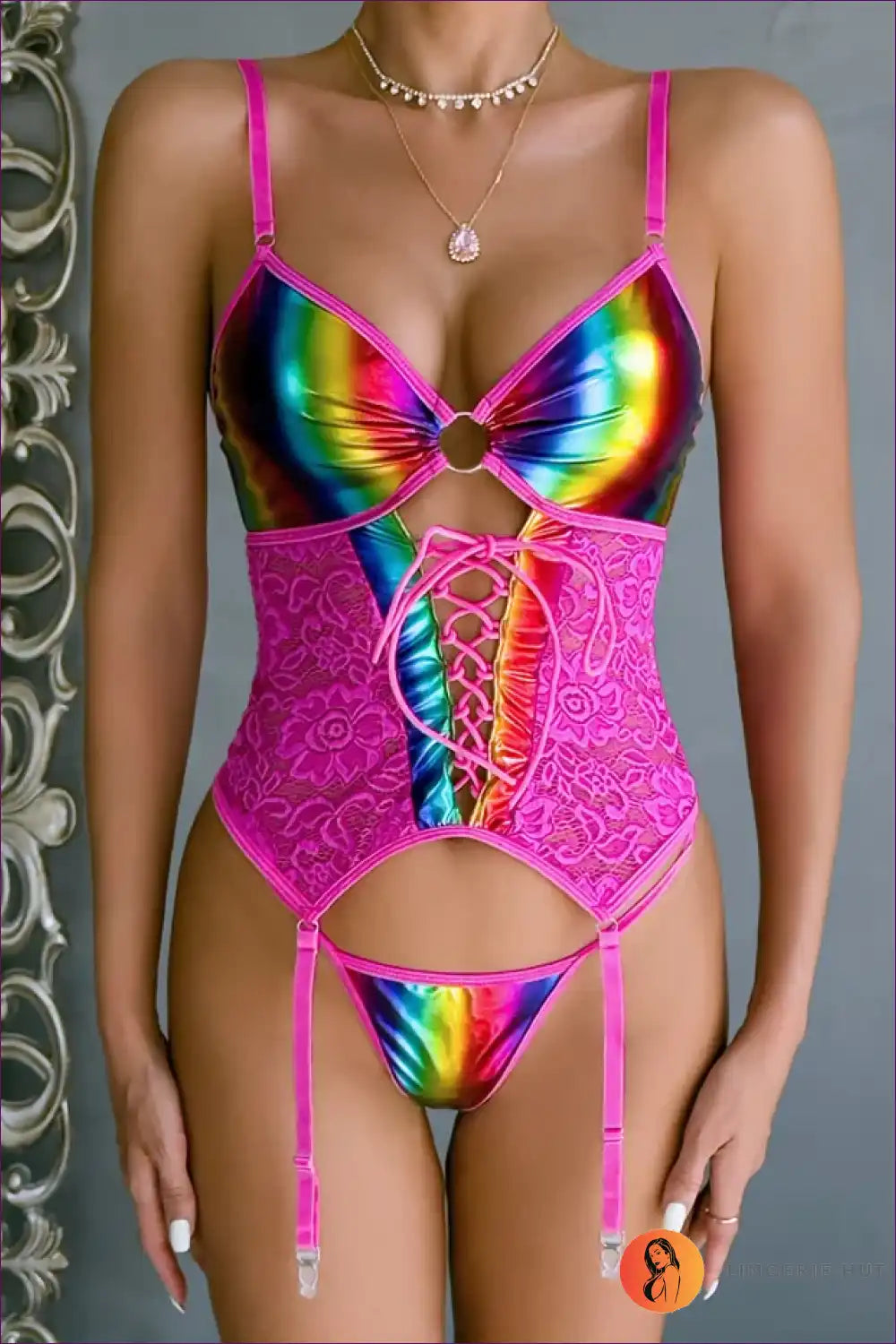 Bodysuit with Rainbow Shine and Lace Corset - Festival Joy for Bodysuit, Boudoir, Clubwear, Corset, Cutout