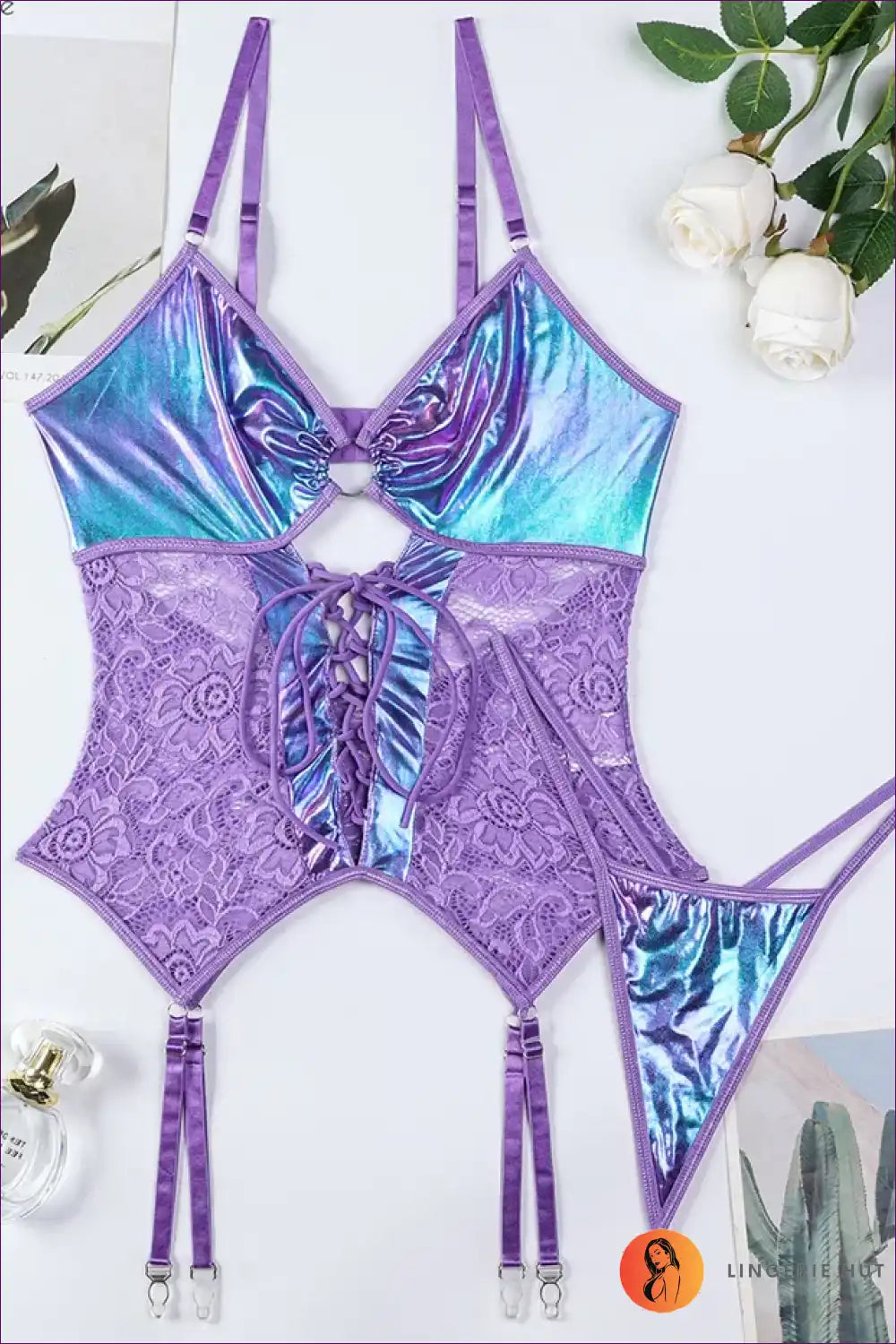 Bodysuit with Rainbow Shine and Lace Corset - Festival Joy for Bodysuit, Boudoir, Clubwear, Corset, Cutout