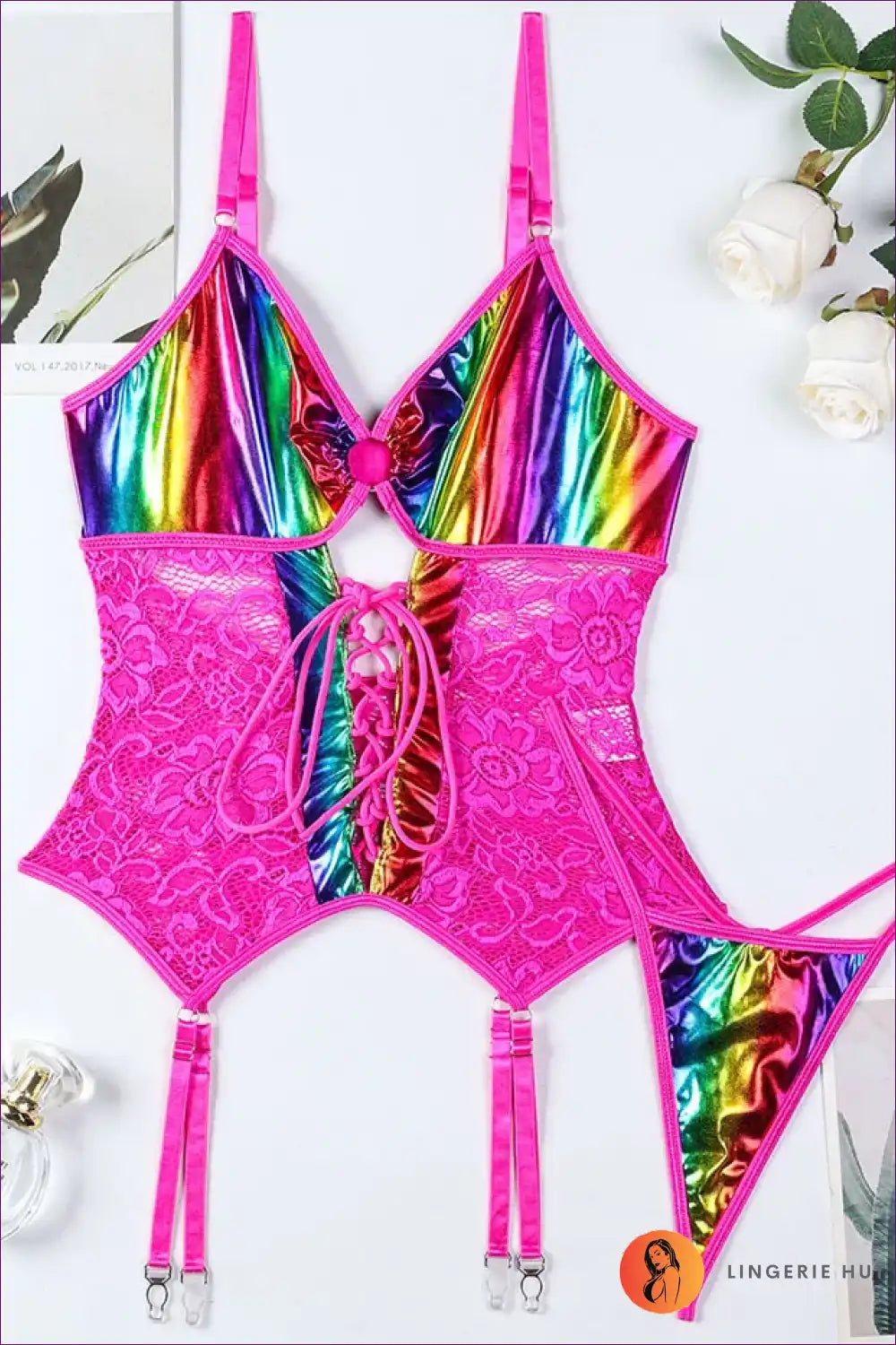 Bodysuit with Rainbow Shine and Lace Corset - Festival Joy for Bodysuit, Boudoir, Clubwear, Corset, Cutout