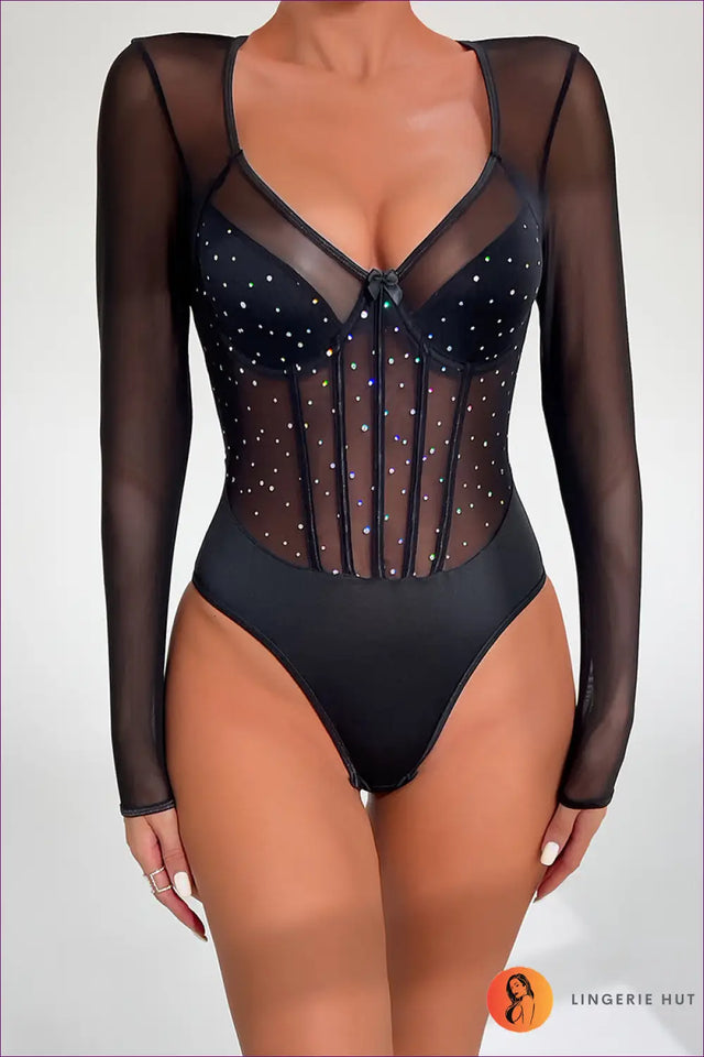 Rhinestone Mesh Bodysuit with Corset Detail - Night Out Glam