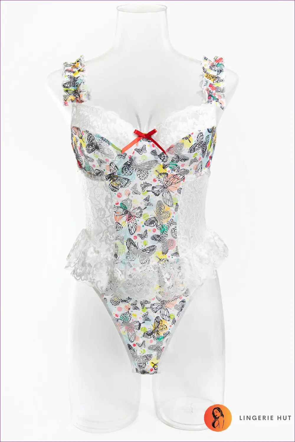 White Butterfly Print Bodysuit with Ruffle Peplum - Playful Confidence - s / Teddies & Bodysuits - Boudoir • Date Night