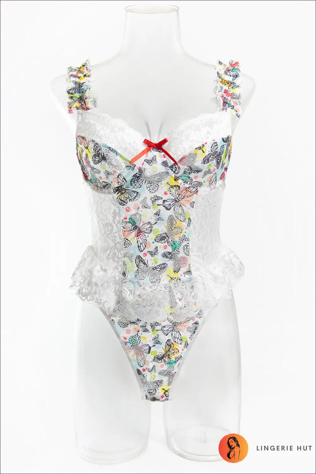 White Butterfly Print Bodysuit with Ruffle Peplum - Playful Confidence